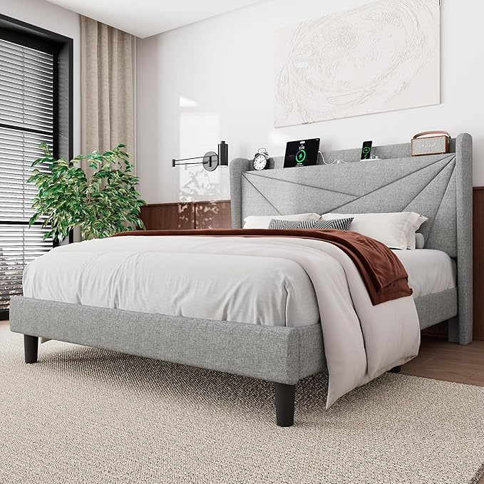Feonase Queen Bed Frame with Charging Station, Linen Upholstered Platform