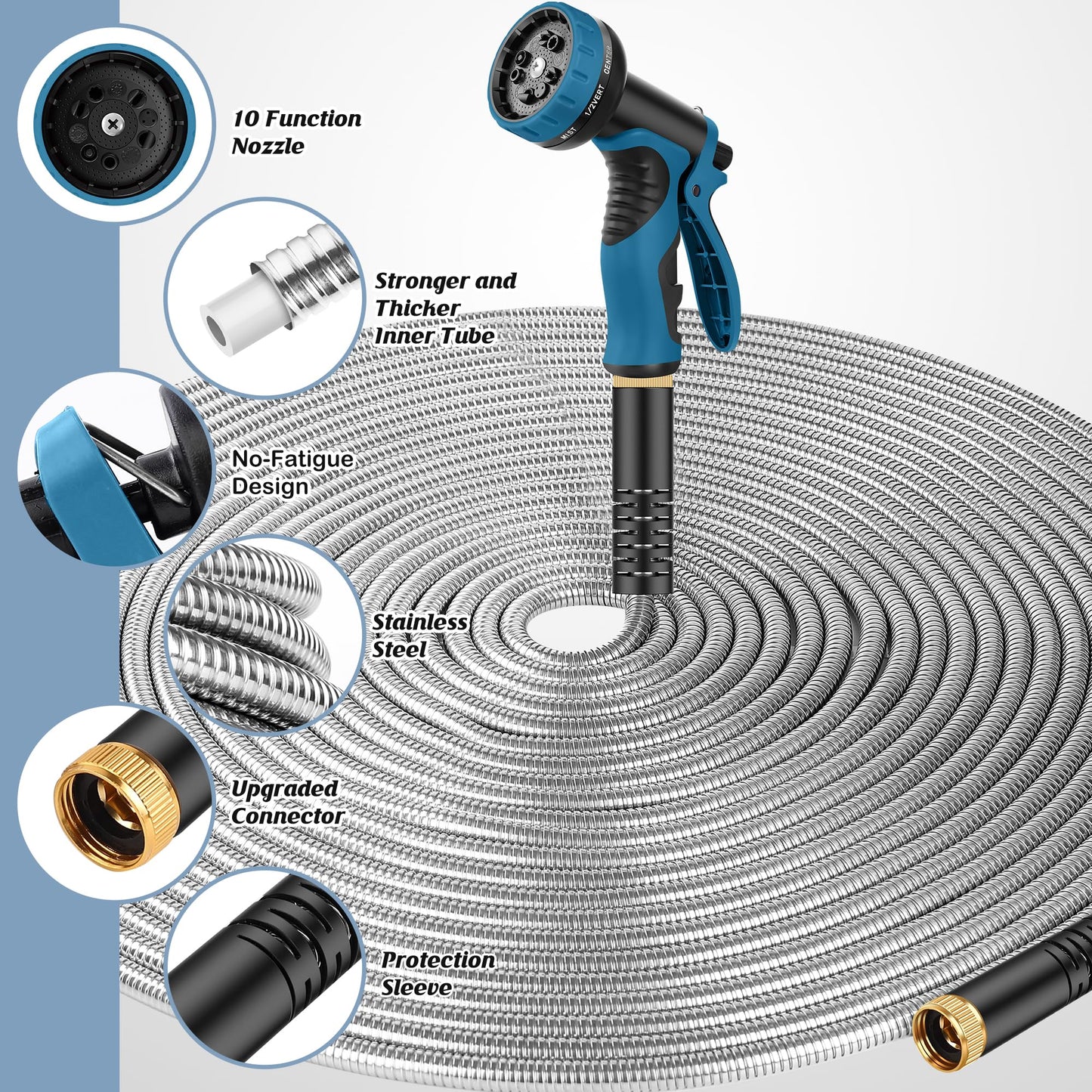 Advinski Garden Hose 50FT, Water Hose with 10 Function Nozzle, Garden Hose with Leak-proof Connectors, No-Kink, Lightweight, Puncture-proof,550PSI, Hose for Outdoor, Yard