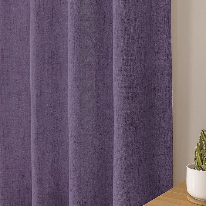 Tollpiz Linen Curtains Living Room Rod Pocket Semi Sheer Curtain Burlap Light Filtering Thick Linen Drapes for Bedroom, 38 x 63 inches Long, Royal Purple, Set of 2 Panels