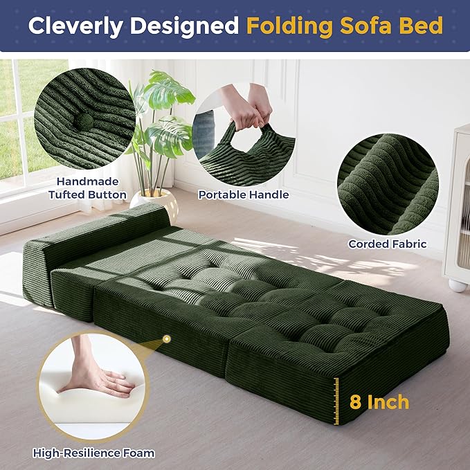 MAXYOYO 8" Folding Sofa Bed, Fold Out Chair Bed Sleeper Chair, Convertible