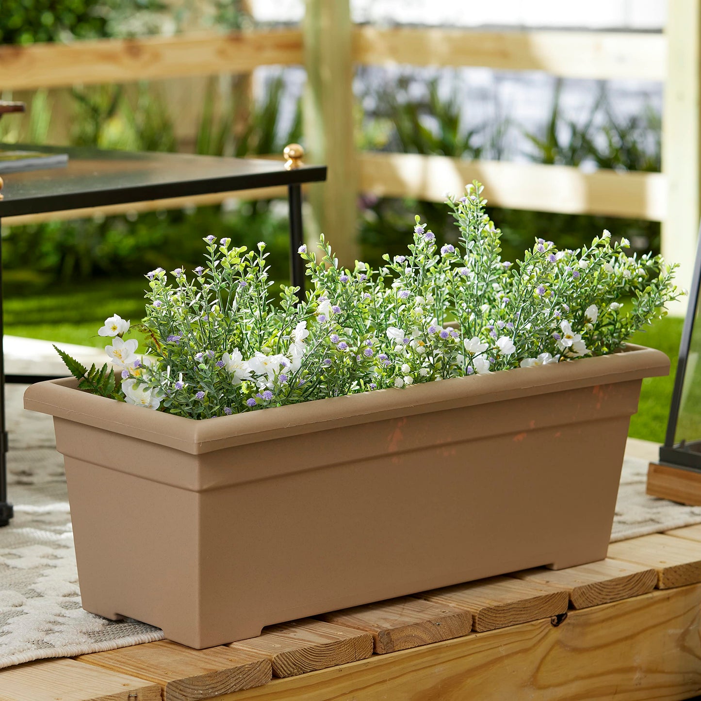 The HC Companies 28 Inch Romana Planter Box with Drainage Plug, Lightweight UV-Resistant Plastic Outdoor Planters, 1-Pack Flower Box for Garden, Patio, Balcony, and Fence, Sandstone