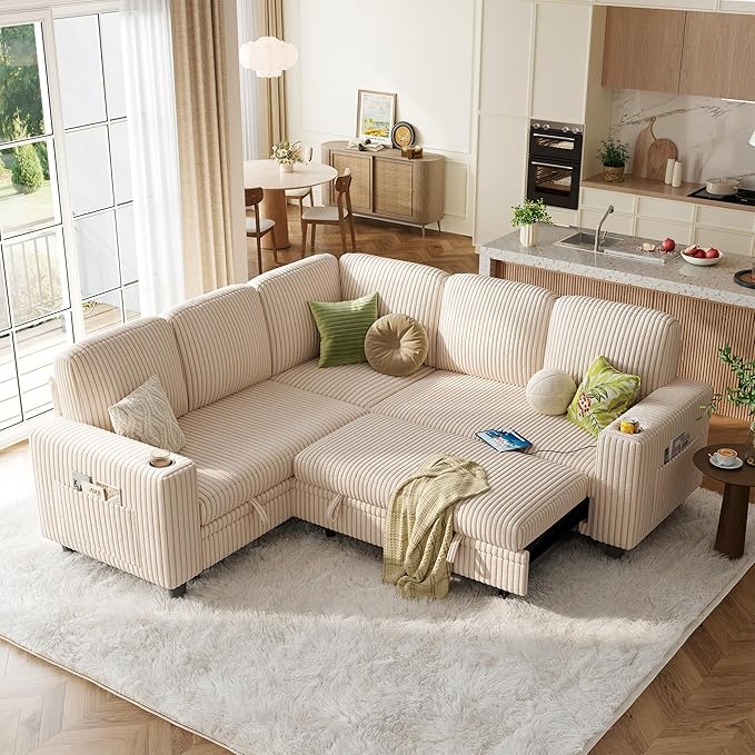 LINSY HOME Sectional Sofa with Pull Out Bed, 5 Seats Corduroy Reversible