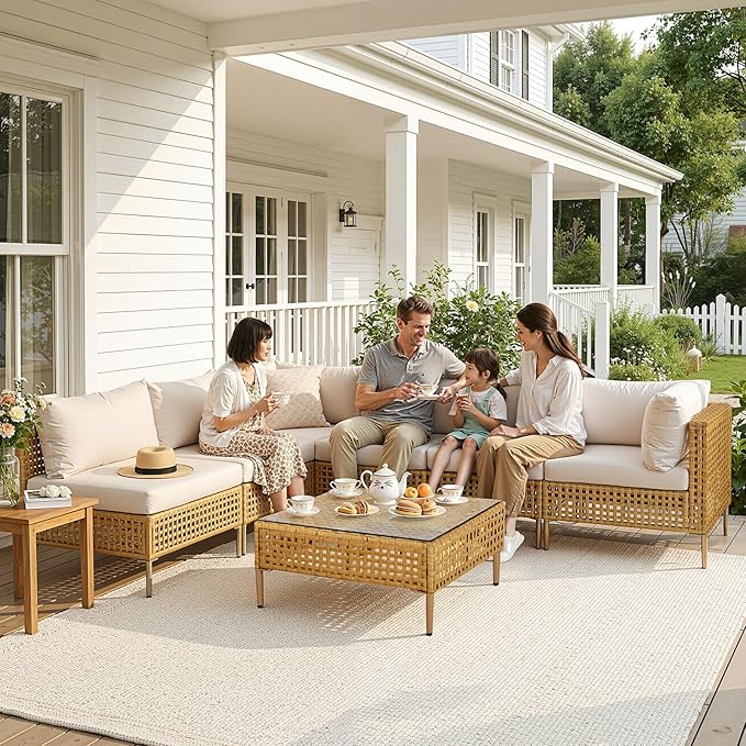VINGLI 7 Piece Patio Sectional Furniture Set, Wicker Outdoor Furniture