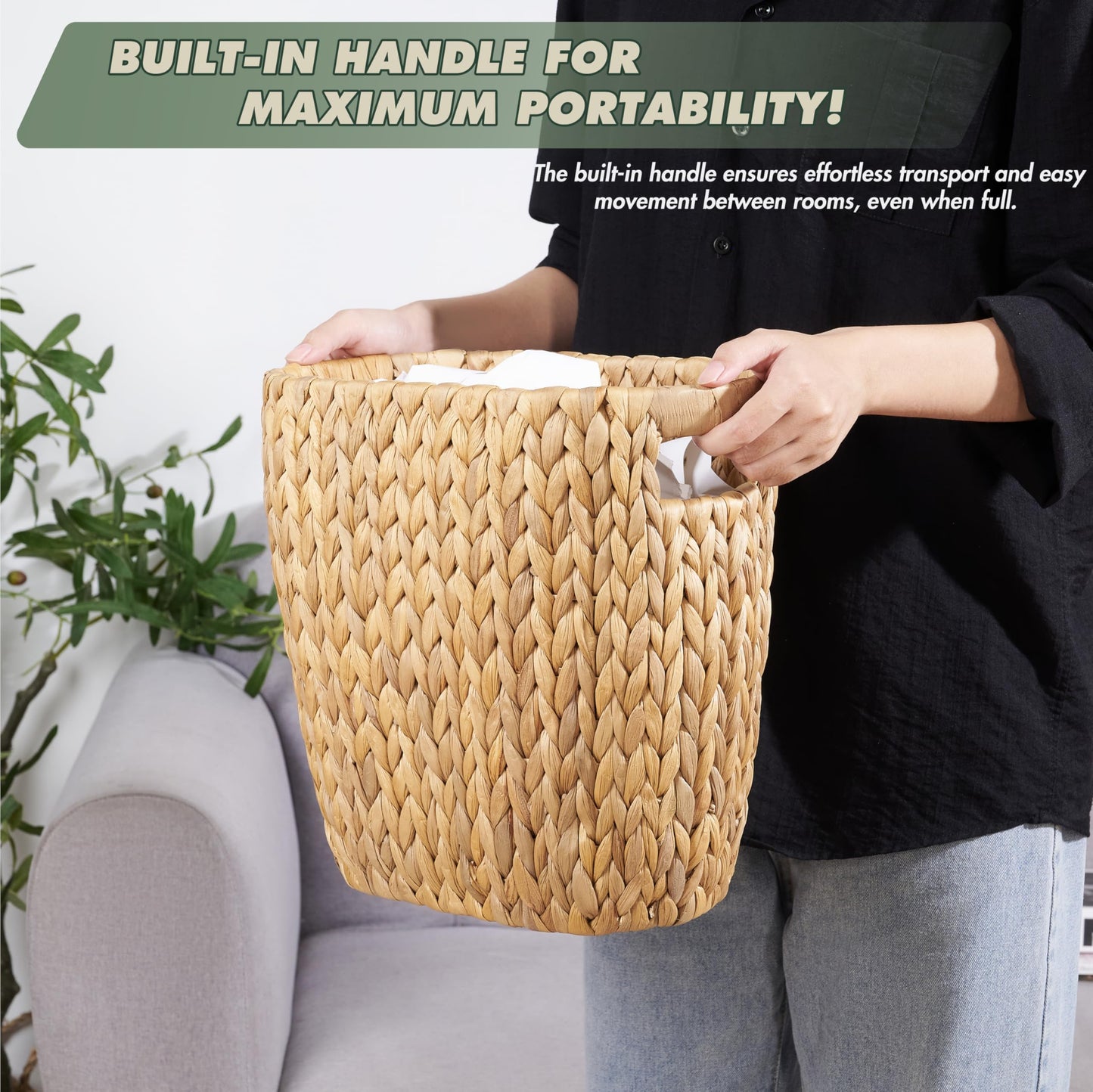 BLUEWEST 3.5 Gallons Wicker Trash Can, Wicker Rattan Bathroom Trash Can with Built-in Handle, Large Handwoven Hyacinth Waste Bin for Office, Bedroom, Living Room, and Kitchen