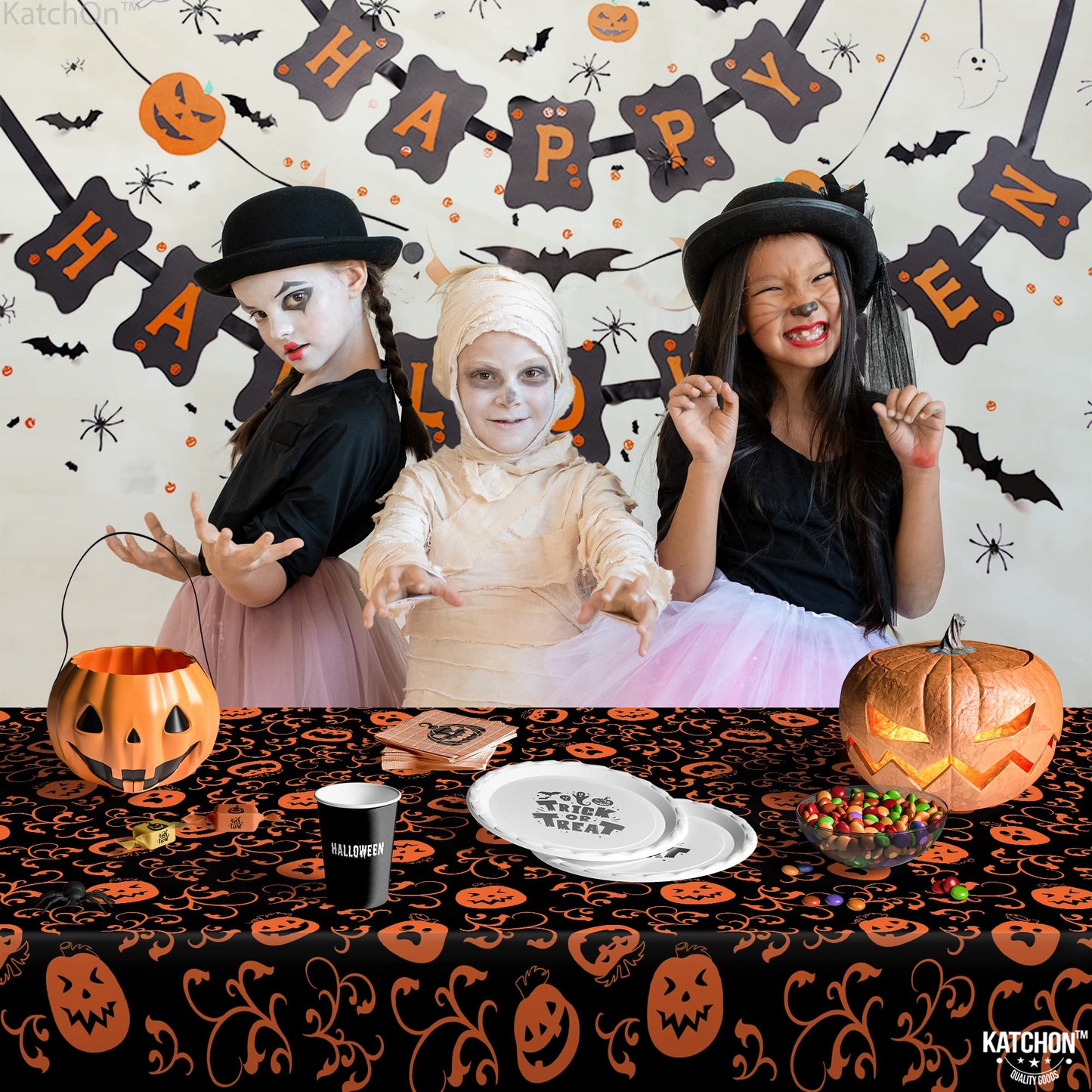 KatchOn, Pumpkin Halloween Tablecloth Plastic - 54x90 Inch, Pack of 3 | Pumpkin Tablecloth, Black and Orange Halloween Table Covers | Table Cloth Disposable