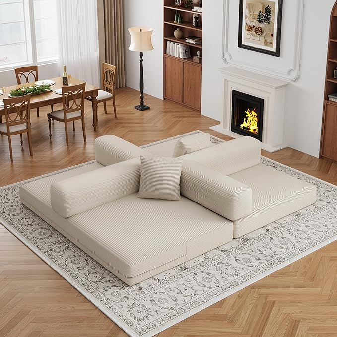 4-in-1 Foldable Sofa Bed Teddy Fabric Foam-Filled Compressed Couch, Beds Queen