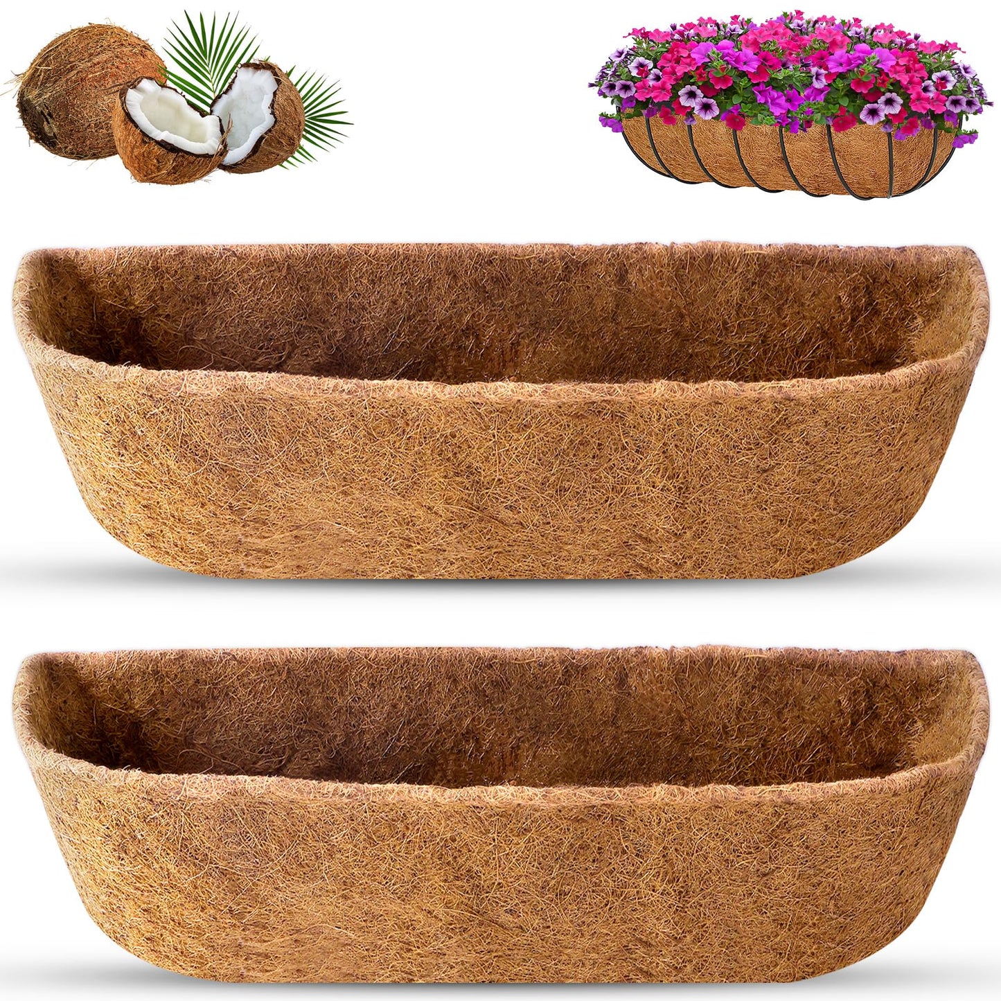 REMIAWY Coco Liners for Planters 24 Inch, 2 Packs Natural Coconut Fiber Coir Flower Basket Window Box Liners, Trough Planter Insert for Outdoor Plant Large Pots Garden Fence Decoration