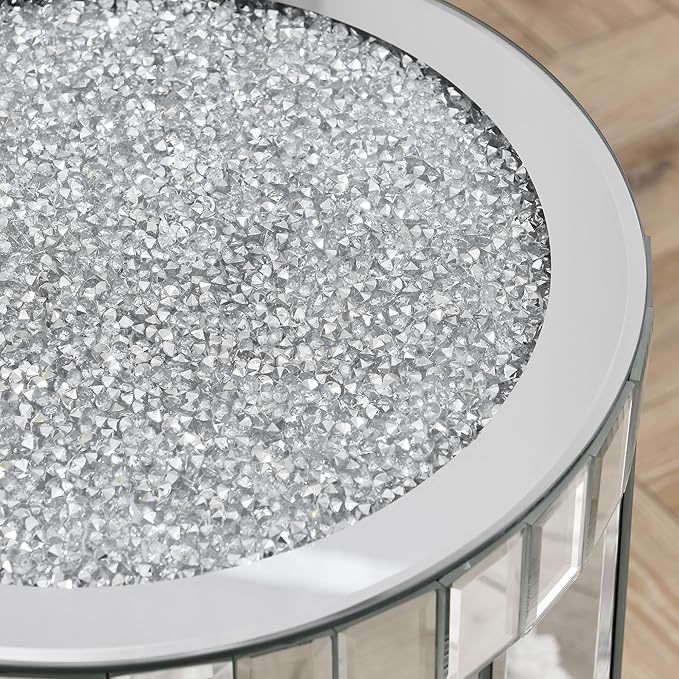 Mirrored Round End Table with Crystal, 2-Layer Modern Small Sofa Table with