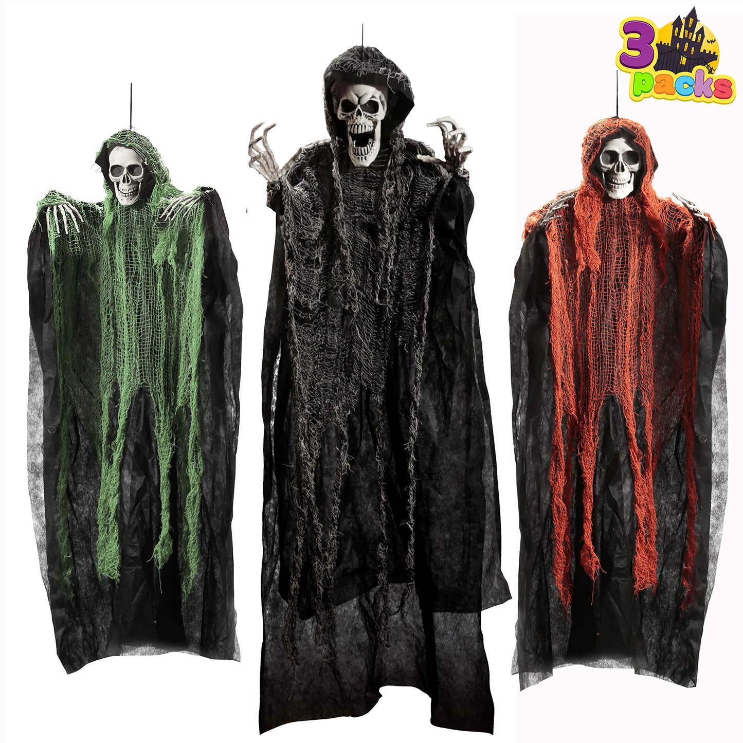 JOYIN Halloween Hanging Grim Reapers (3 Pcs), One 47” and Two 35” Grim Reapers, Halloween Skeleton Flying Ghost for Haunted House Prop Décor, Outdoor Indoor Decor