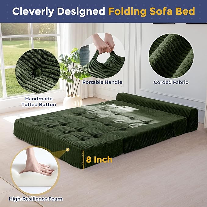 MAXYOYO 8" Folding Sofa Bed, Fold Out Chair Bed Sleeper Chair, Convertible