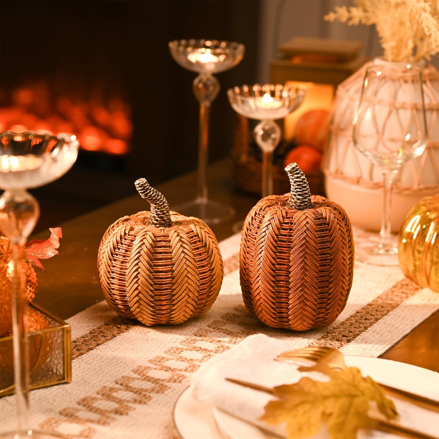 Valery Madelyn Thanksgiving Fall Decoration for Home Pumpkin Decor, 2pcs Resin Statue Artificial Rattan Pumpkins Figurine, Autumn Harvest Halloween Table Centerpieces, 6.2 inch