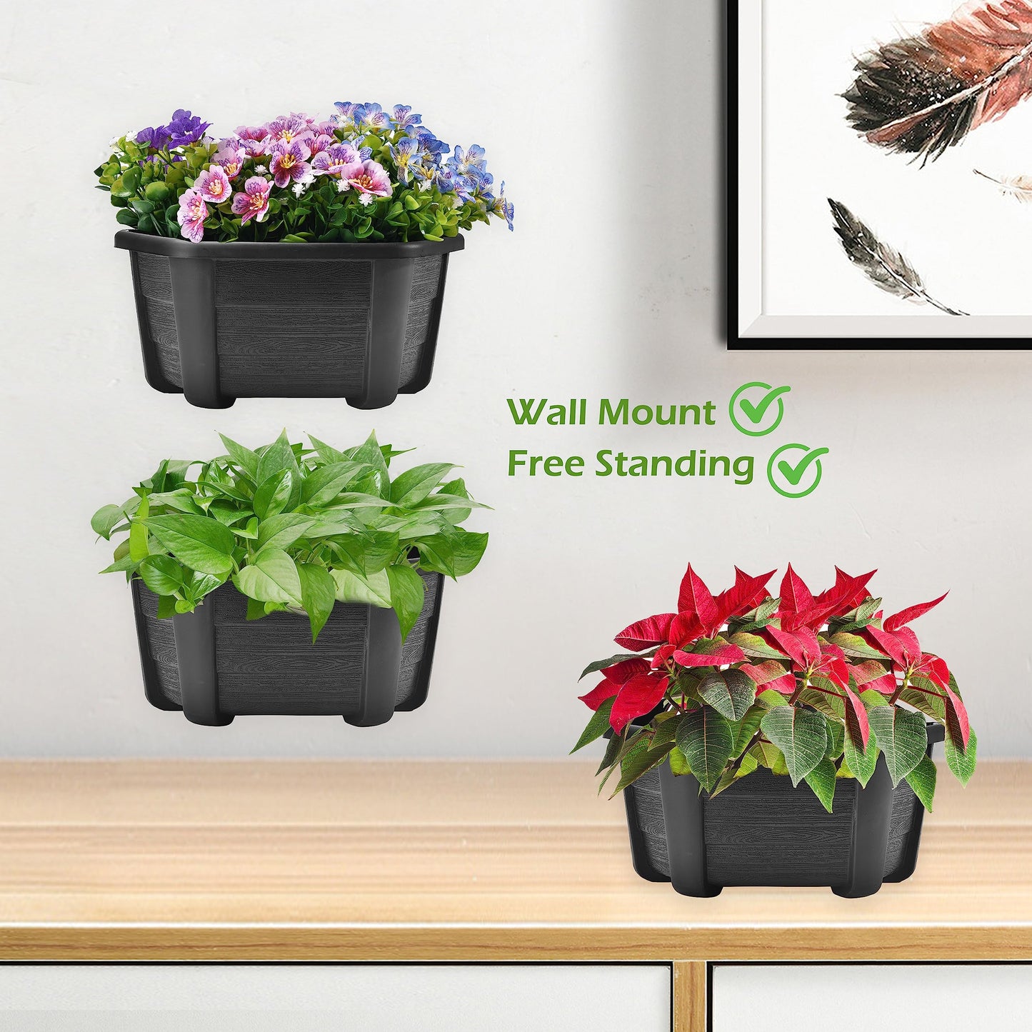 ORIMERC 9.8 inch 3 Pack Wall Hanging Planters Pots for Indoor Plants Wall Plants Holder with Drainage Hole Balcony Planters Railing Hanging Pot Fence Vertical Living Mount Outdoor with Hooks/Screws