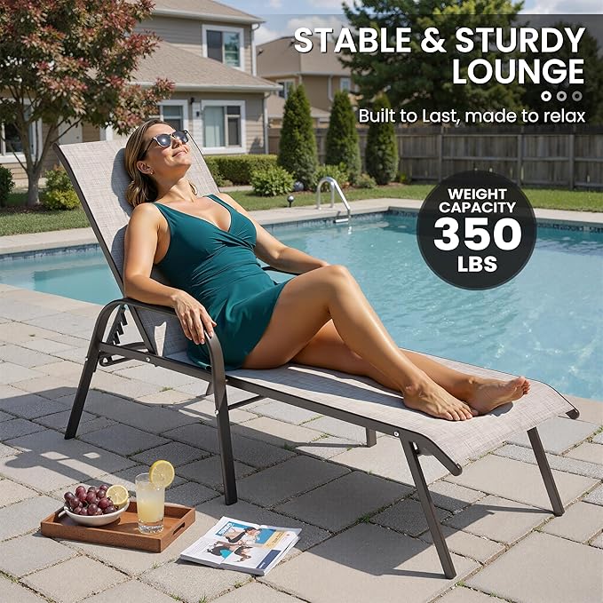 Crestlive Products Outdoor Chaise Lounge Chair, 5-Position Pool Lounge Chairs