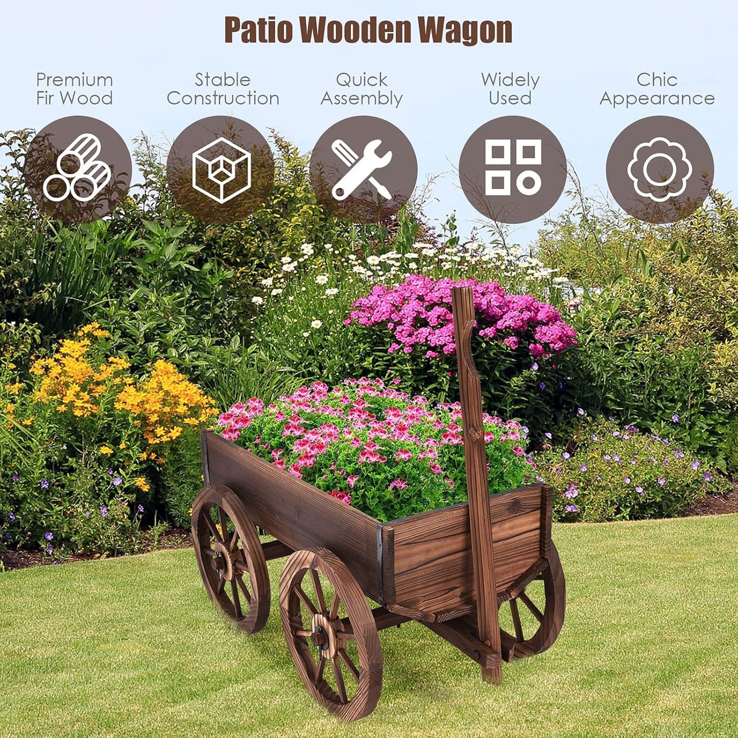 LDAILY Wooden Wagon Planter Pot, Decorative Flower Cart with Handle, Wheels, Drain Holes, Outdoor Rustic Wheelbarrow Planter Stand for Patio, Garden, Backyard, Balcony, Brown