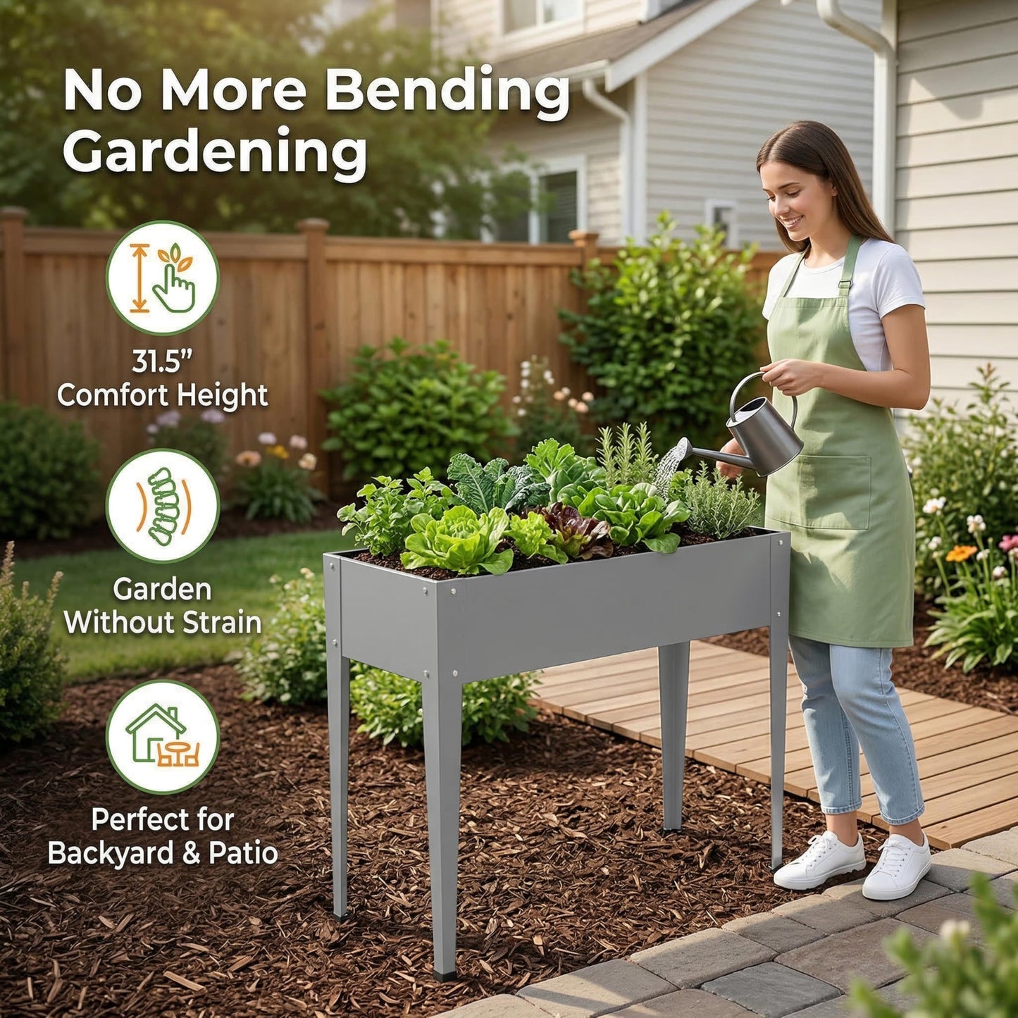 Gardzen Elevated Garden Bed Outdoor, Metal Herb Planter Box with Legs, Galvanized Steel Raised Planter, Drainage Hole, Easy Assembly Standing Planter for Patio Balcony Backyard, 40x12x31 in