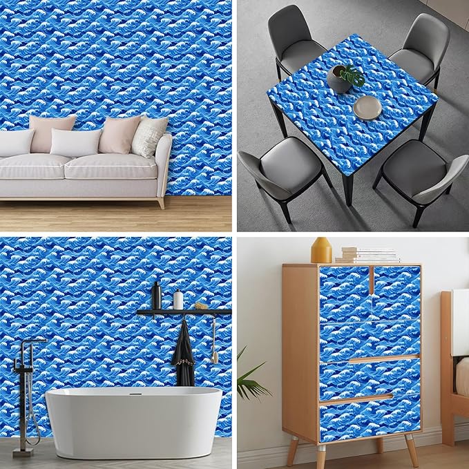 HOMETITUTE Ocean Blue Wave Pattern Wallpaper Peel and Stick Self Adhesive Vinyl