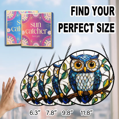 Owl Gifts for Mom - Blue Owl Faux Stained Glass Window Hanging Sun Catcher for Door Garden Acrylic Decor Mother's Day Christmas Birthday Gift for Bird Lovers Women Nana Men Grandma Wife Dad 7.8"