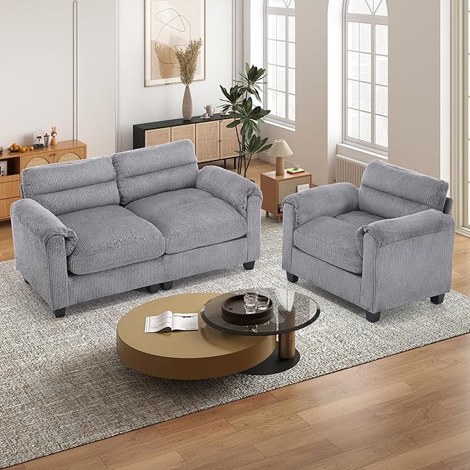HAOMARKETS Corduroy Sofa Set, Upholstered Armchair and Loveseat