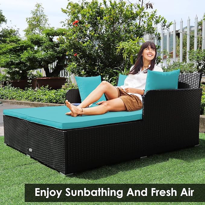 COSTWAY Outdoor Patio Rattan Daybed, Sponge Cushioned Loveseat Sofa
