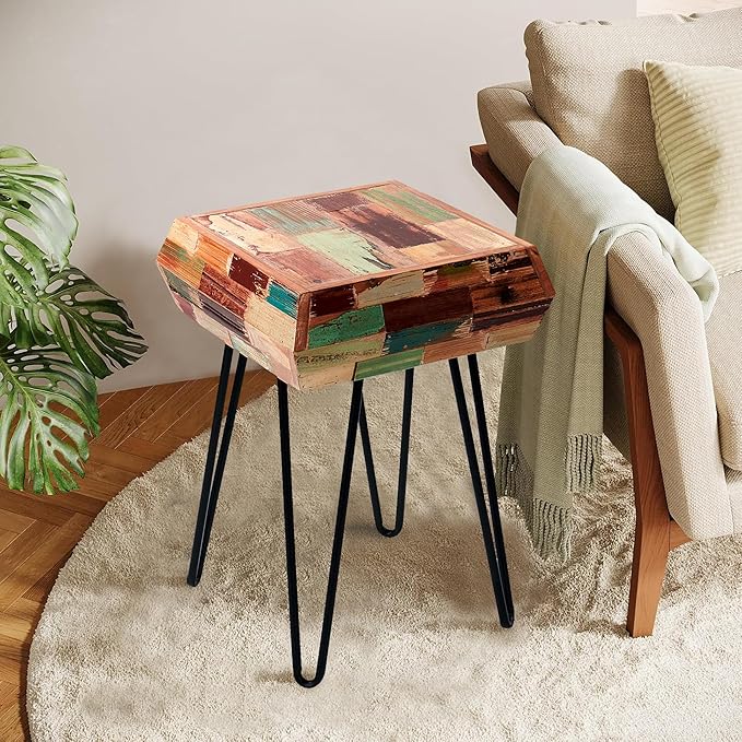 Multicolor Square Wood Drum Side Table 14" x 14" x 20" H Reclaimed Wooden