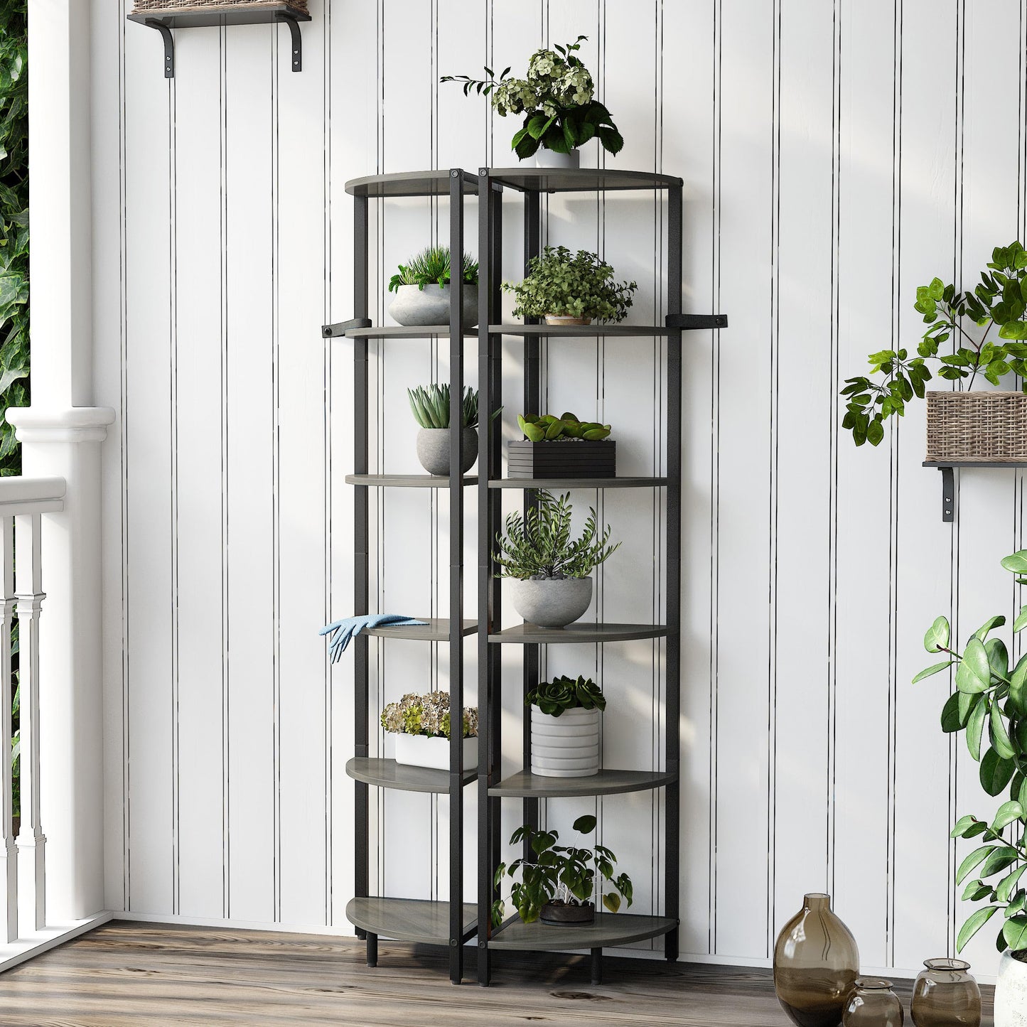 IRCPEN 6 Tier Corner Shelf 63.1" Tall Corner Shelves Stand Ladder Shelf Grey Woodgrain Industrial Standing Bookshelf Organizer Display Rack Bookcase Plant Stand for Living Room Bedroom CS-001GW