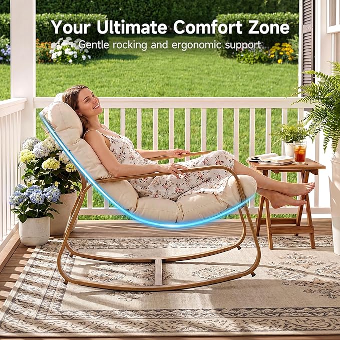 ONBRILL Rocking Chair with Thick Cushion Outdoor Indoor, Premium Iron Wood
