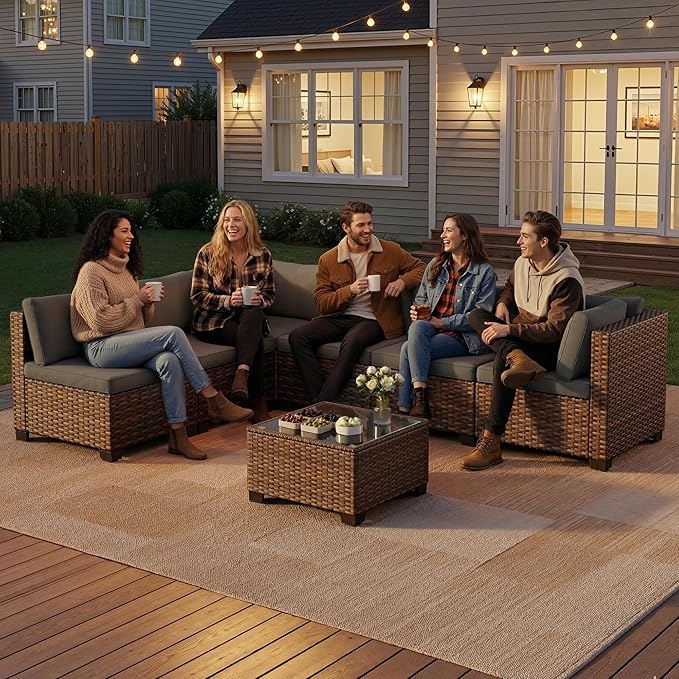 Qsun 7 Pieces Patio Furniture Set, Outdoor Sectional Rattan Sofa Set, Wicker