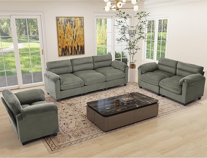 HAOMARKETS Corduroy Sofa Set, Upholstered Armchair, and 3-Seater Couch