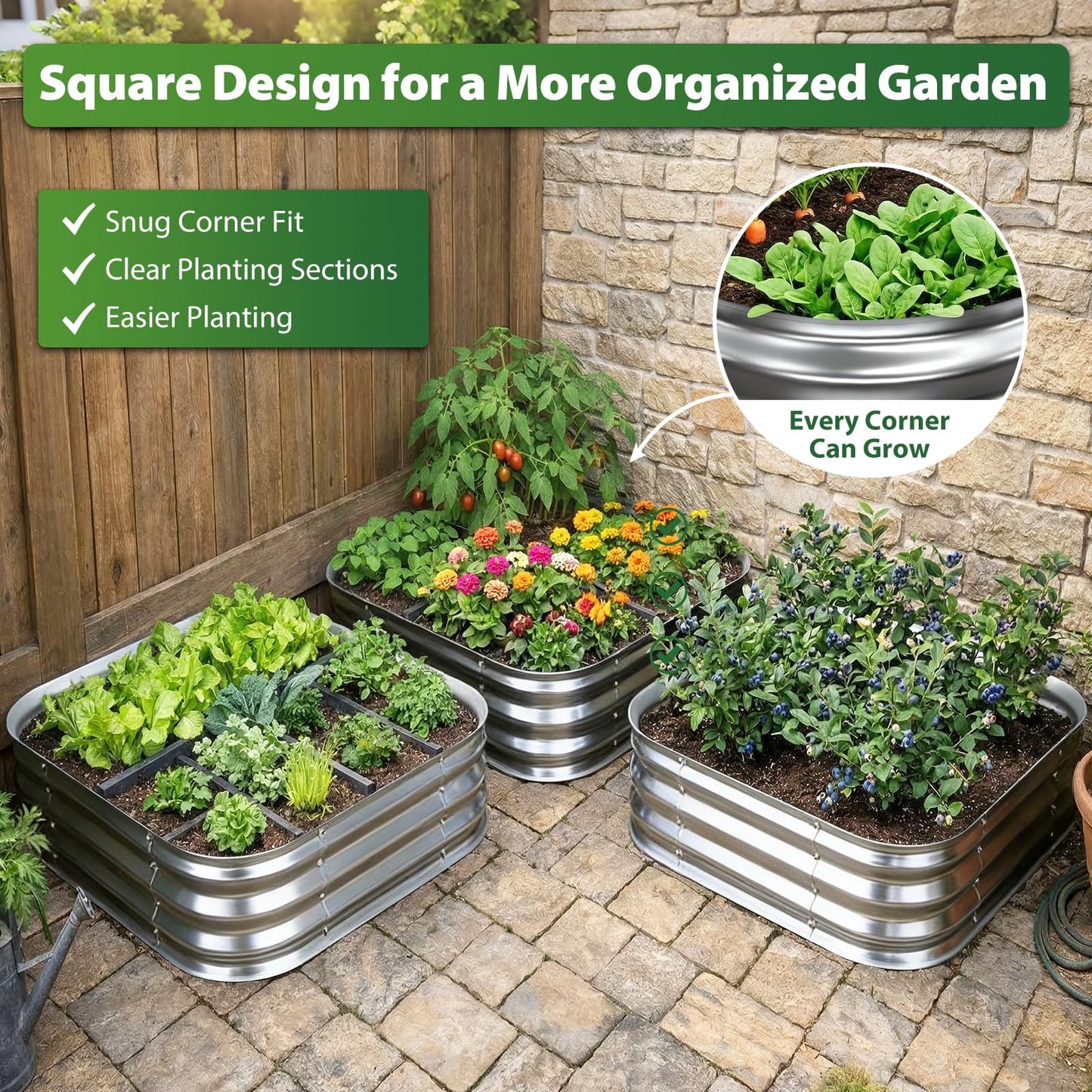 Galvanized Raised Garden Bed 3x3 ft, Heavy Duty Metal Planter Box for Vegetables, Flowers & Herbs, 12" Raised Outdoor Modular Gardening Bed, Above Ground Growing Container, Easy Assembly, Silver
