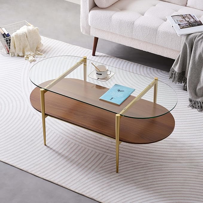 LumFurn Oval Glass Coffee Table, Mid-Century Modern Design, L41 x W21 x H17 inch