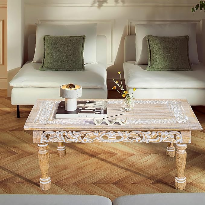 Rectangular Wooden Coffee Table 36x24x18 Inch – Beige Finish