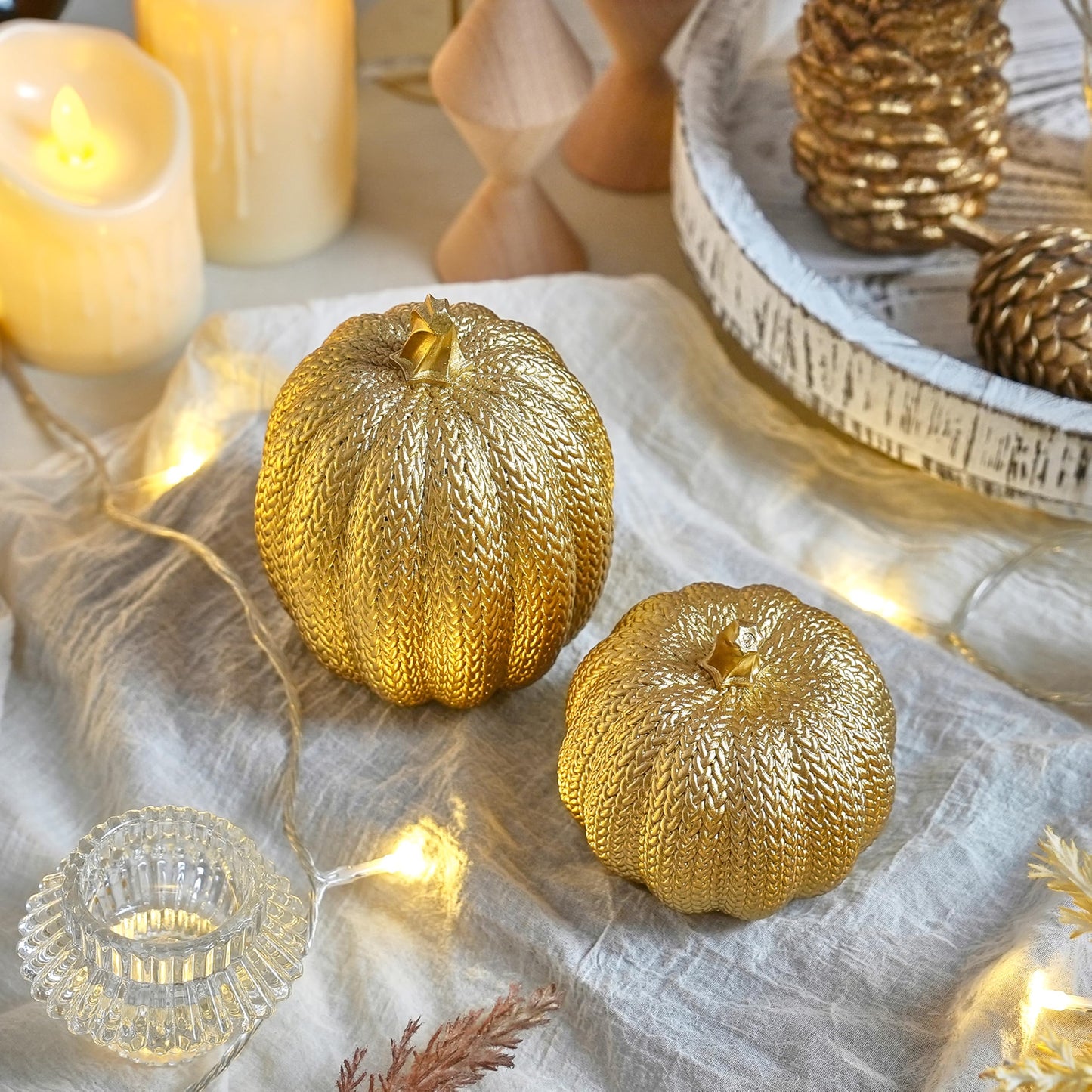 FESTGLOX Pumpkin Fall Decor Indoor - Gold Pumpkin for Decorating, 2Pcs Resin Pumpkins Decor with Woven Effect, Thanksgiving Table Centerpiece, Fireplace, Autumn Harvest Party Decorations