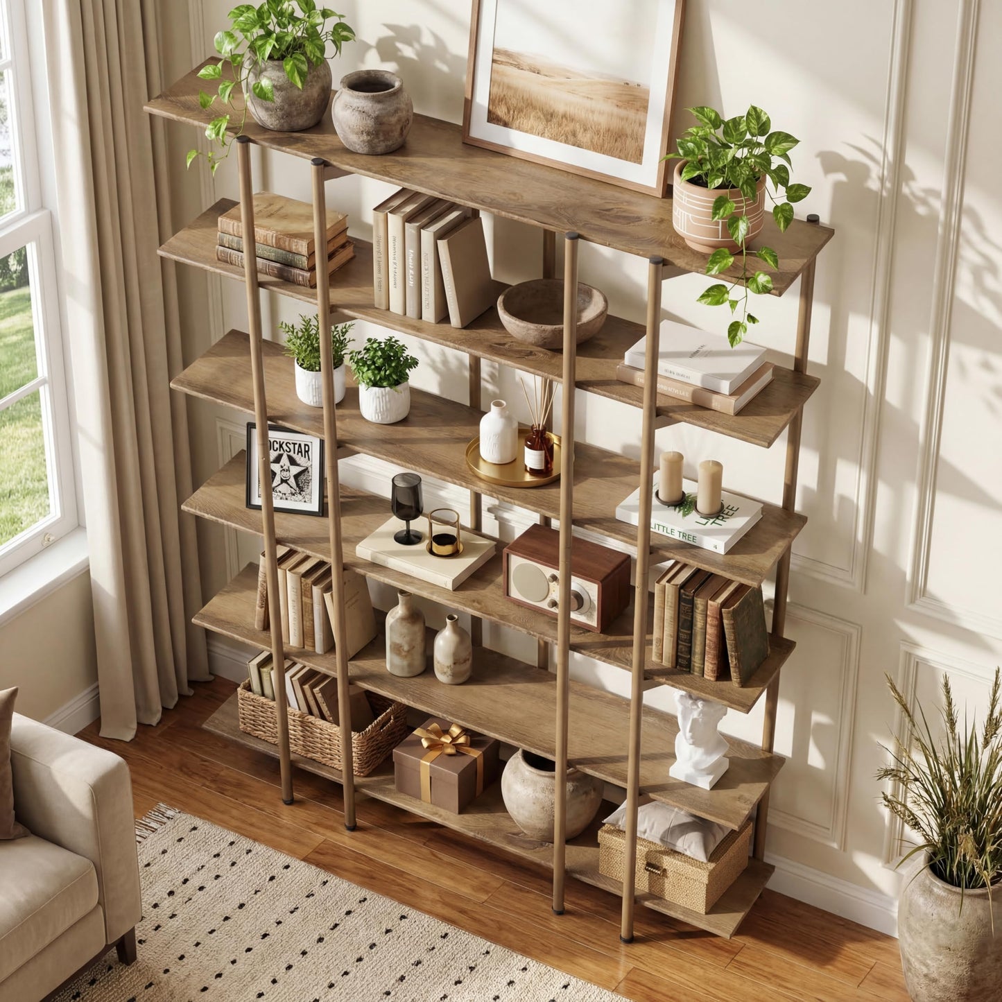LITTLE TREE 70.87" Tall Open Bookshelf, 6-Tier Display Rack with Metal Frame & Wooden Shelves, Modern Bookshelf for Living Room, Home Office, Kitchen, Bedroom, Brown & Gold