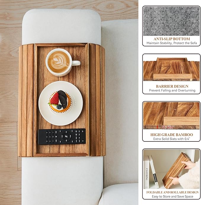 GEHE Acacia Wood Sofa Arm Tray, Foldable Couch Arm Tray Side Table,