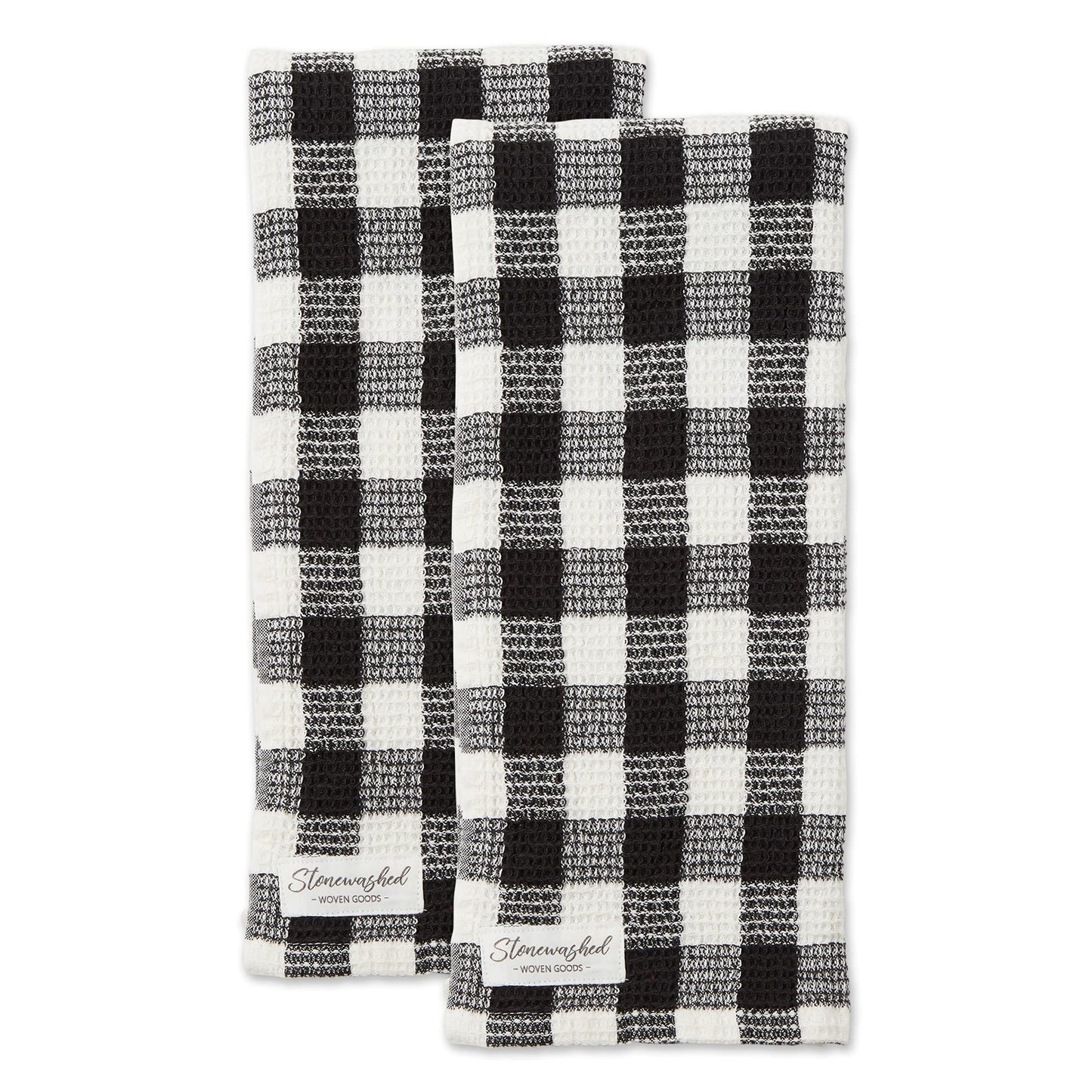DII Washed Waffle Weave Collection, Dishtowel Set, 18x28, Black Check, 2 Piece