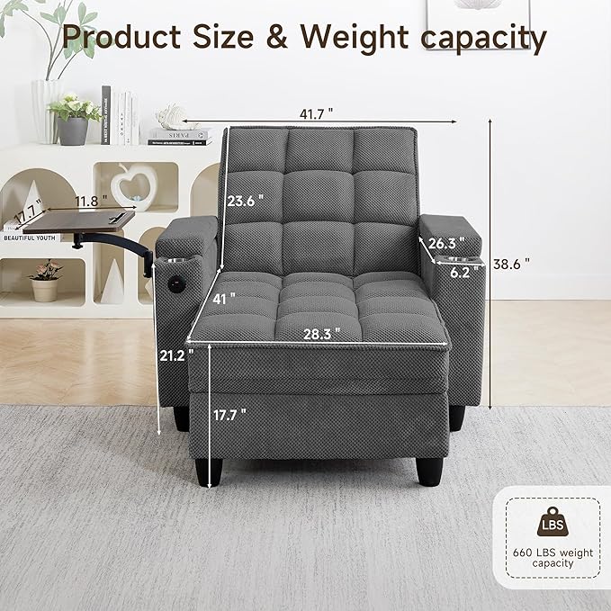 Oversized Recliner Chair with Swivel Tray Table, Modern Tufted Linen Fabric