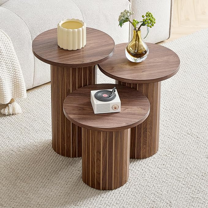 Round Nesting Coffee Table Set of 3 Mid Century Modern Wood Round Coffee Tables