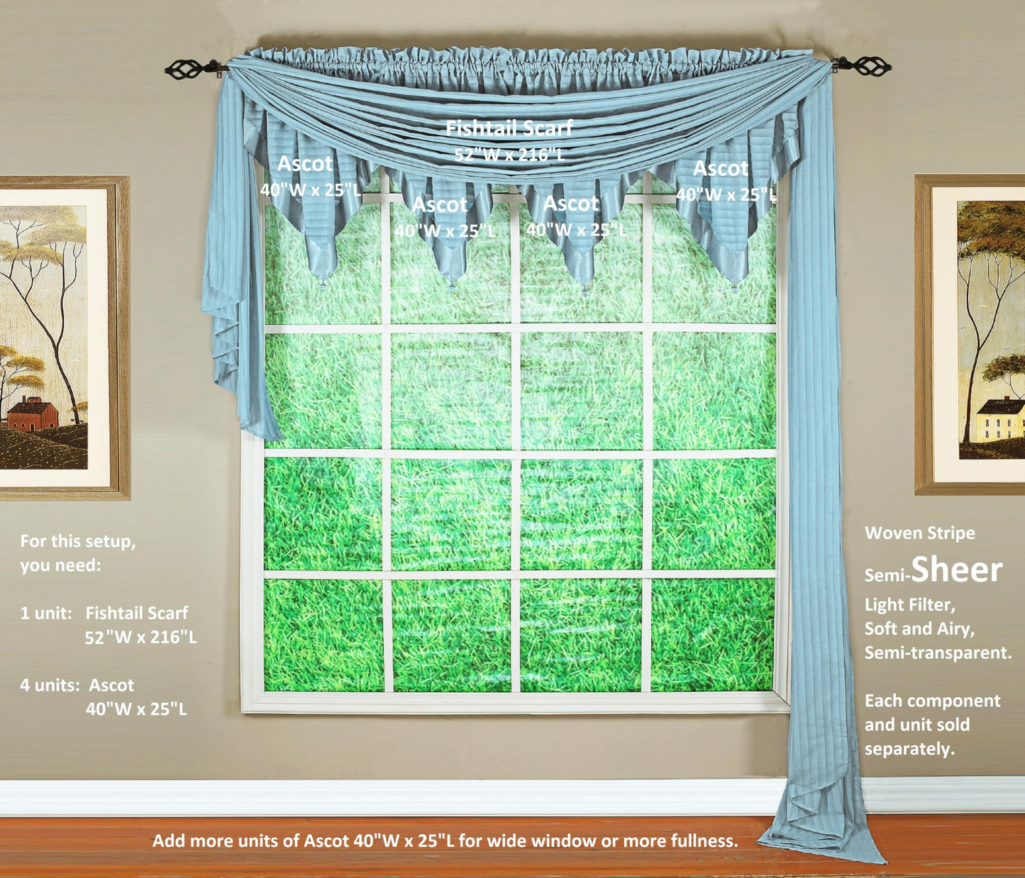 Today's Curtain, Silhouette Stripe Sheer Scarf 144", Blue, 52" W x 144" L