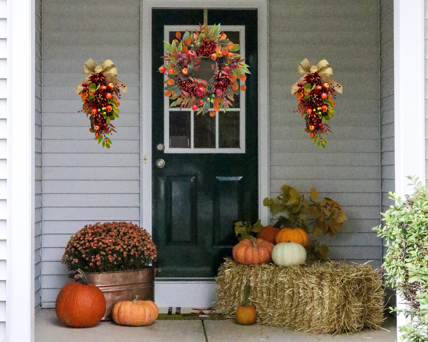 Svndlyn 22 Inch Fall Chrysanthemum Wreath Harvest Floral Wreath with Apples Pinecones Berries and Eucalyptus Maple Leaves for Fall Thanksgiving Halloween Mantel Table Outdoor Front Door Wall Window