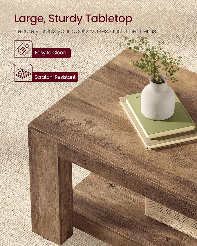 VASAGLE Coffee Table, 2-Tier Center Table with Rustic Charm and Clean Lines, Farmhouse Style, for Living Room, 21.7 x 39.4 x 17.7 in, Honey Brown, Koni Collection ULCT270K101