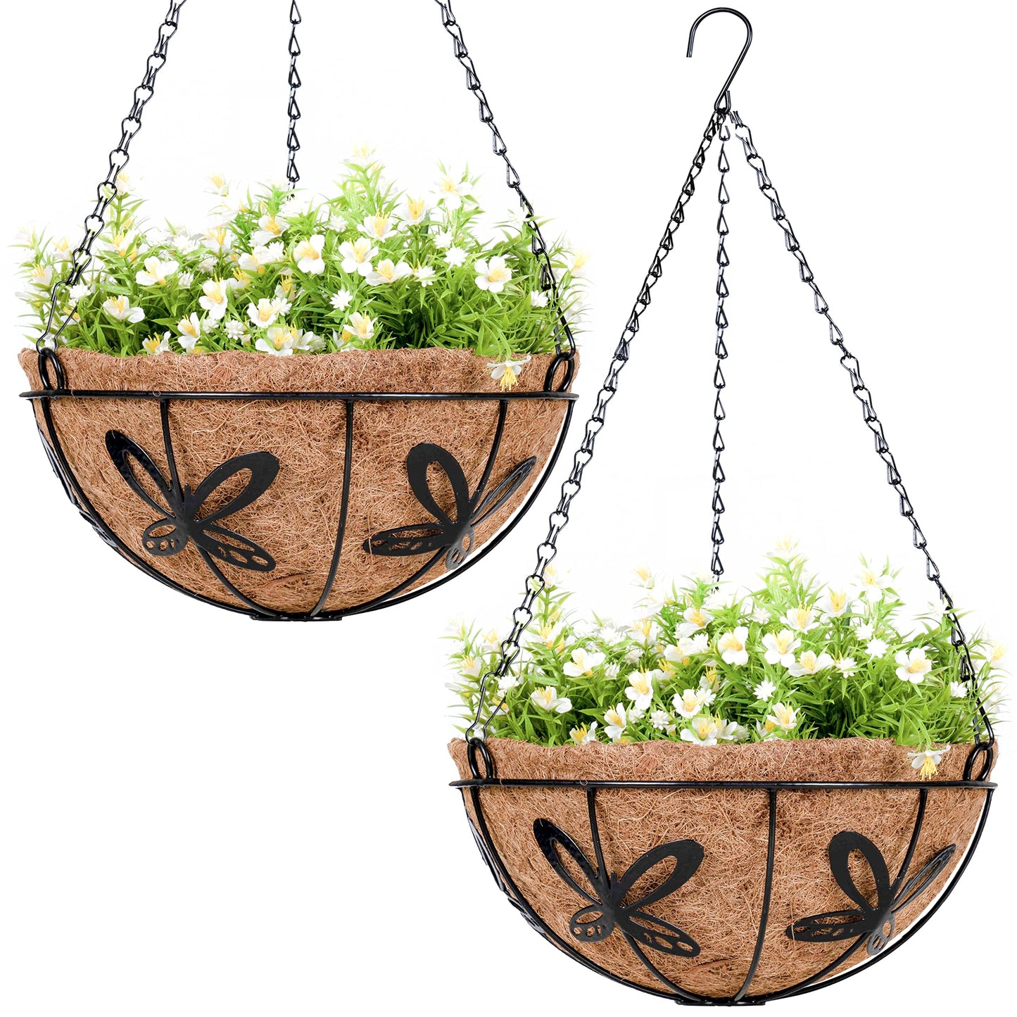 VICHOCCA Hanging Planter with Coco Coir Basket Liner - Round Wire Plant Holder for Outdoor Lawn Patio Balcony Garden Deocr, Butterfly Pattern Outside 10 Inch Plants Pot, 2 Pack