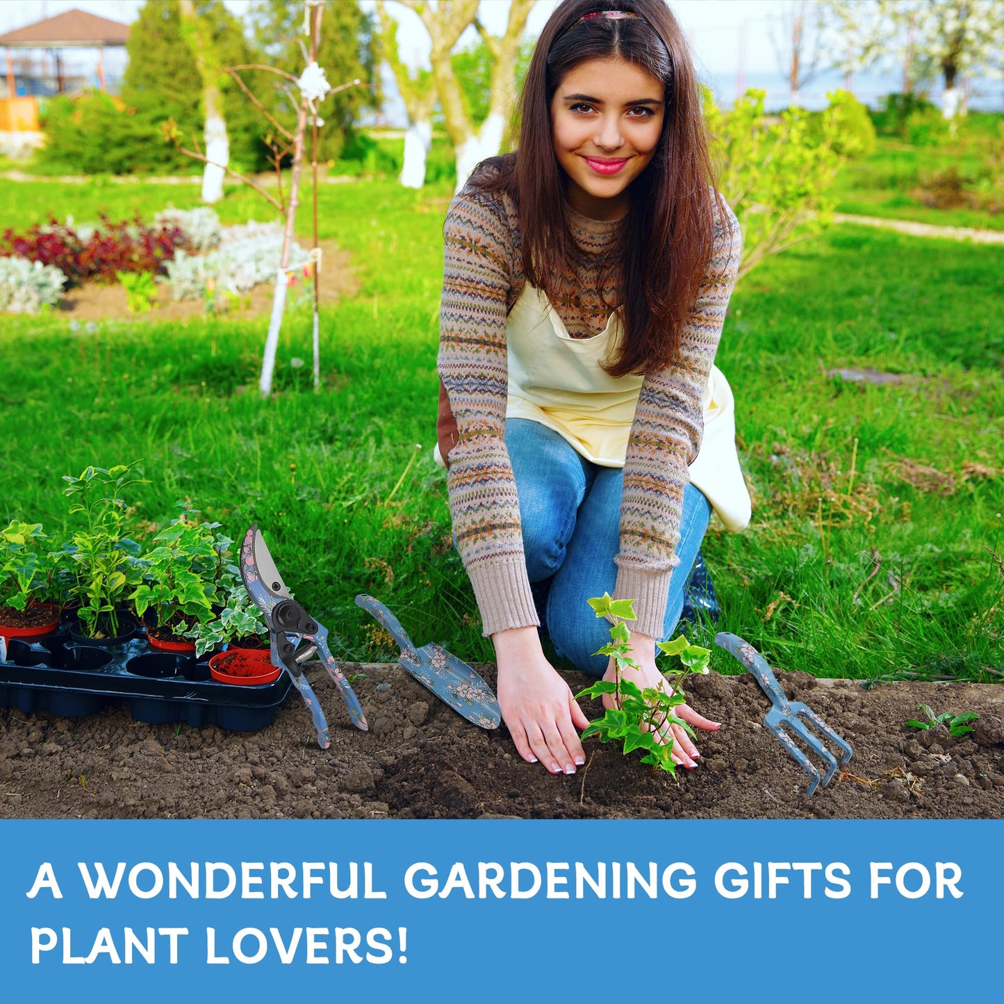 Evertools Garden Tool Set, 3 Piece Floral Gardening Tools for Women, Aluminum Gardening Hand Tools with Trowel, Hand Rake & Pruning Shears, Ergonomic Garden Tools for Indoor Outdoor Gardening
