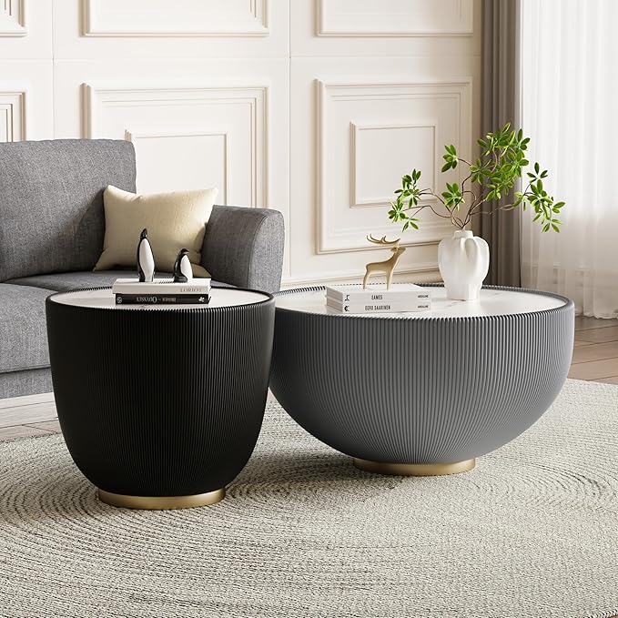 Round Marble Coffee Table Set of 2, 2 Piece White Coffee Table and End Table