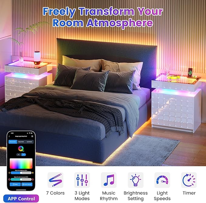 Night Stand with Charging Station and Smart RGB Lights, LED Nightstand with
