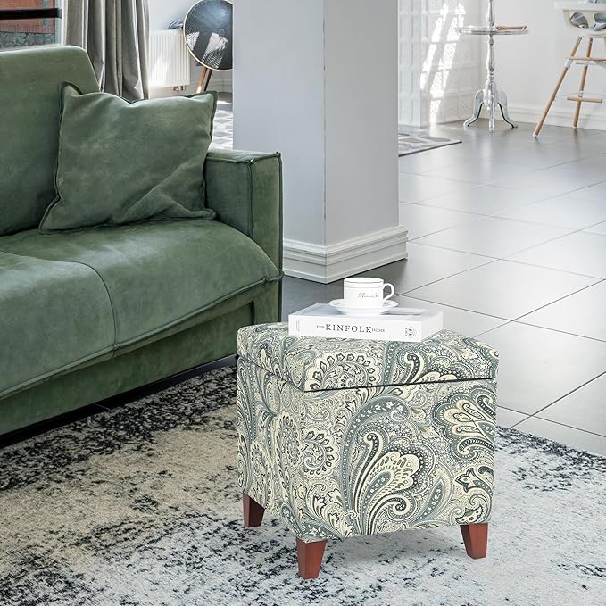Adeco 18" Cube Storage Ottoman in Blue Paisley, Upholstered Linen Foot Stool &