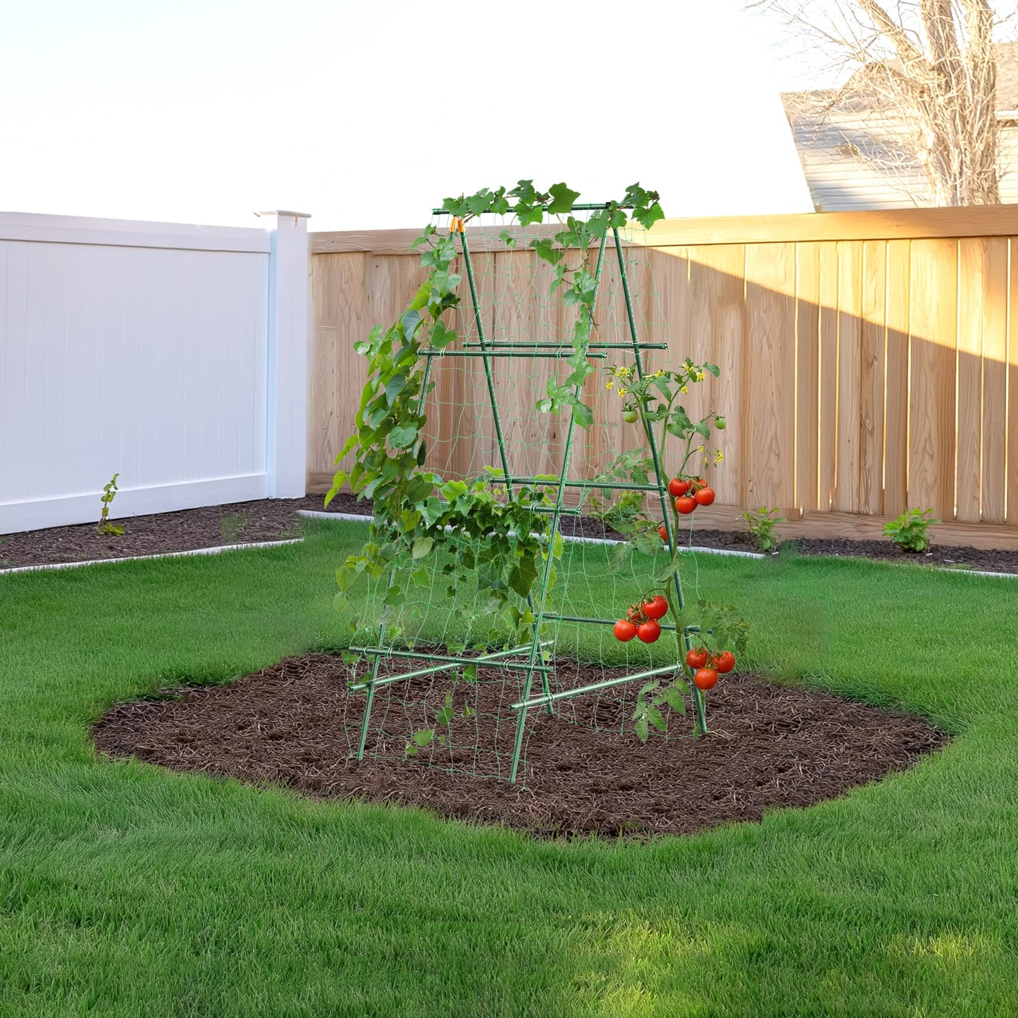 HIRALIY A Frame Cucumber Trellis for Climbing Plants Outdoor, 57" x 31" Heavy Duty Metal Garden Trellis, Rustproof Plant Support for Tomato, Grape, Bean, Raised Bed and Vegetable Gardens, Green