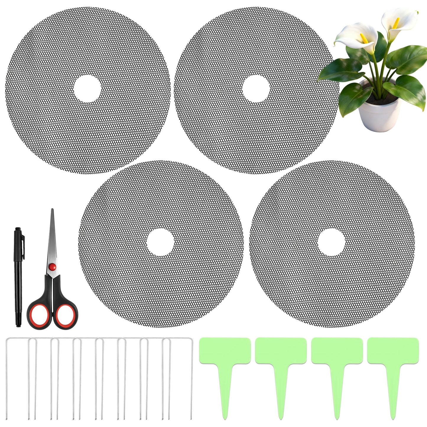 Pletpet 4 Pcs 15.7 Inch Plant Pot Soil Covers Protectors, Pot Grids for Plants Protection with 1 Marker Pen, 1 Scissors, 4 Plant Labels and 8 U-Shaped Garden Stakes