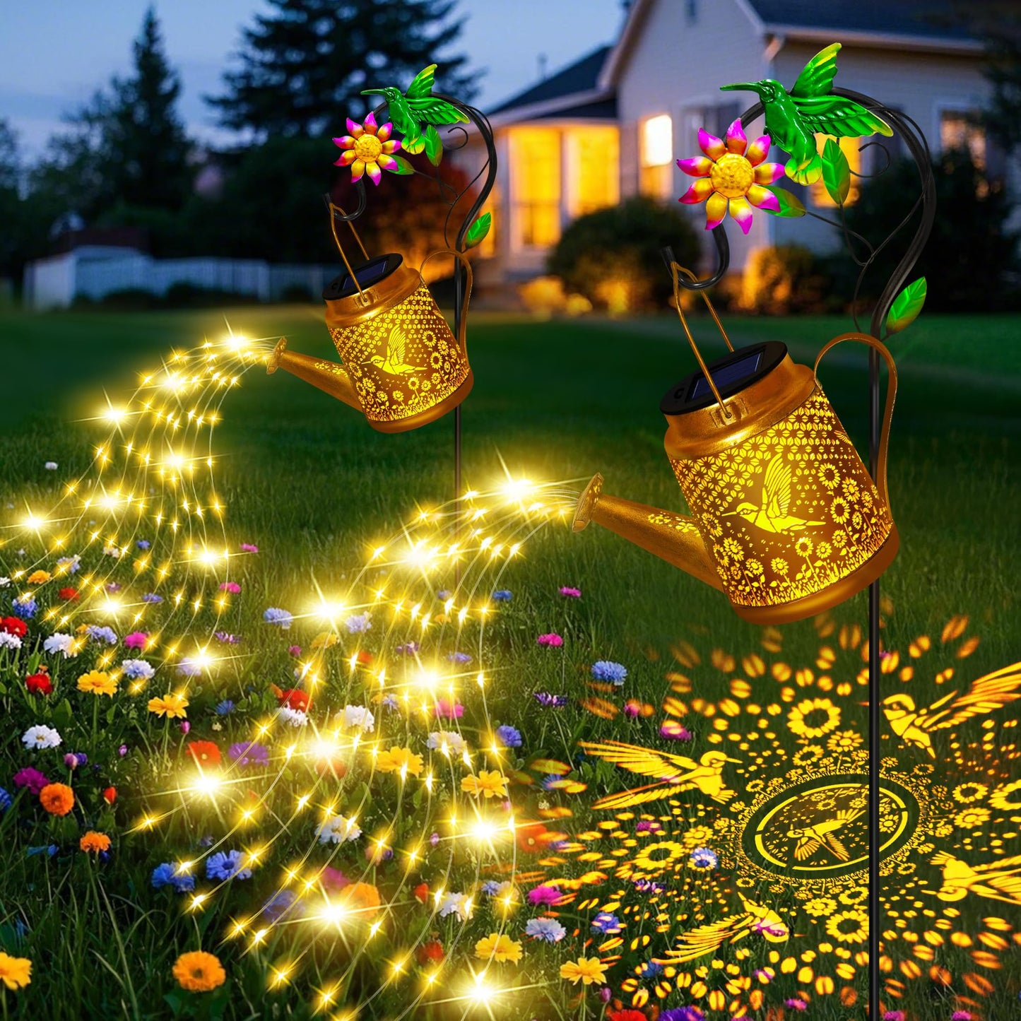 Hummingbird Solar Watering Can Lights, Outdoor Waterproof Garden Lanterns with Shepherd Hook, Solar Garden Decor for Yard Outdoor Landscape Pathway, Gift for Women Mom Grandma Christmas Gifts, 2 Pack