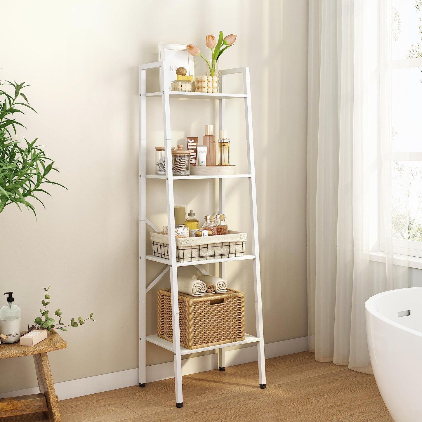 Hoctieon 4-Tier Industrial Ladder Bookshelf, Narrow Ladder Shelf, Tall Standing Bookshelf, Skinny Open Ladder Shelf, for Living Room, Home Office, Kitchen, Bedroom, Metal Frame, White