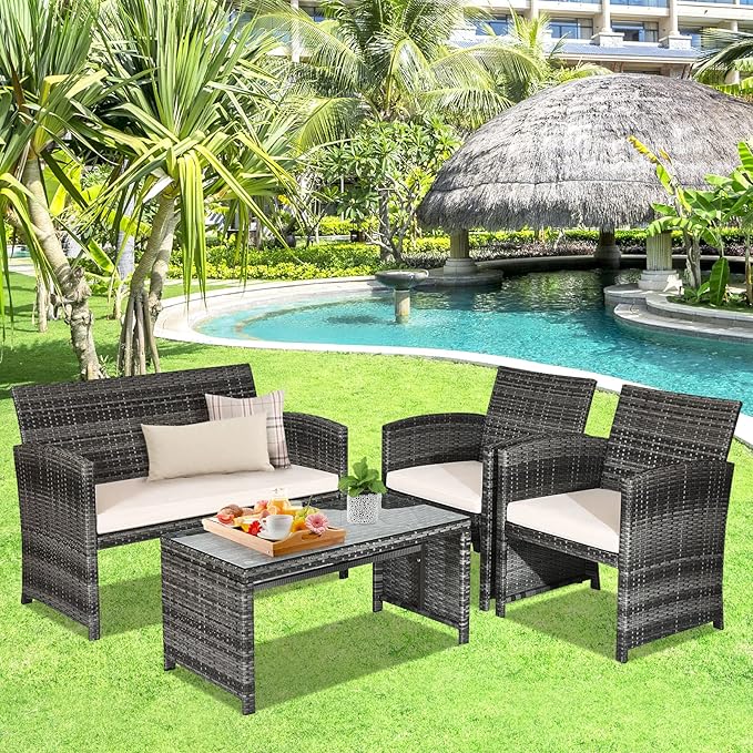 Goplus 4-Piece Rattan Patio Furniture Set, Outdoor Wicker Conversation Sofa